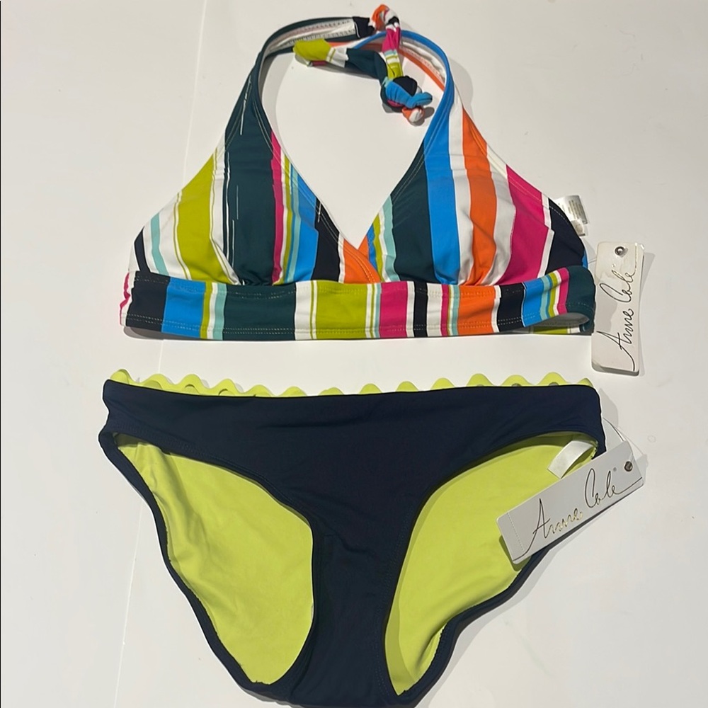 Anne Cole NWT striped navy multi color large bikini set swim bathing suit $108
